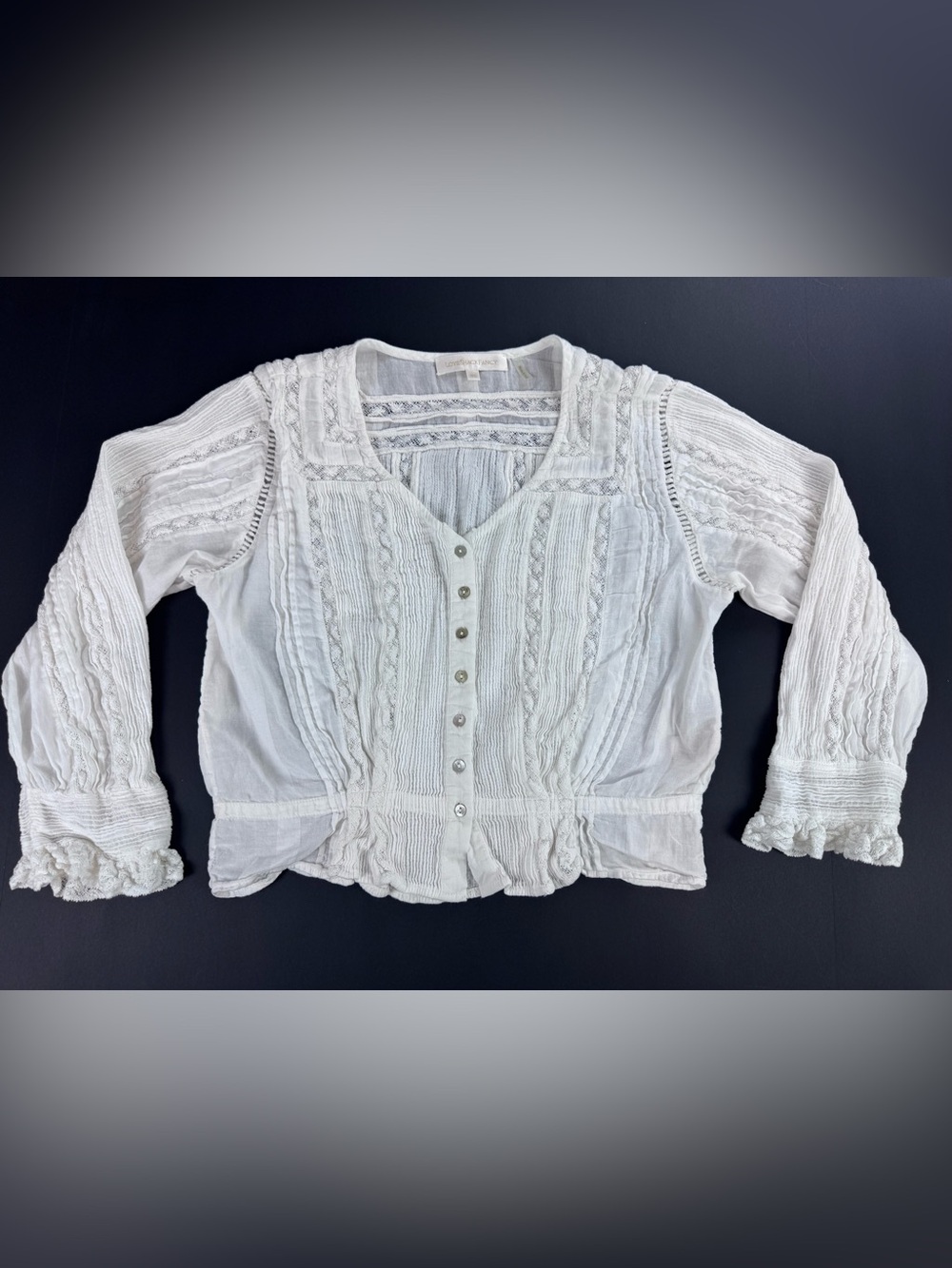 Loveshackfancy Blouse XS Cotton Boho White Long Sleeve Pintuck Pleating Lace